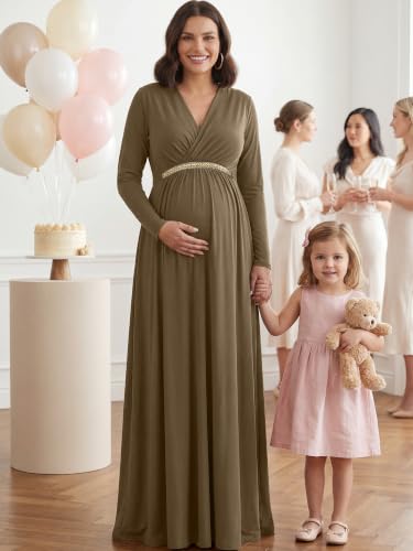 Image of KOH KOH Womens Maternity Long Sleeve V-Neck Flowy Winter Maxi Dress Gown