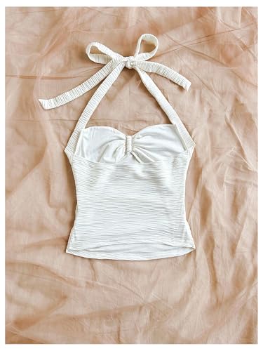 SOLY HUX Women's V Neck Halter Tops Open Back Y2k Ruched Floral Metal Summer Going Out Cami Tops2