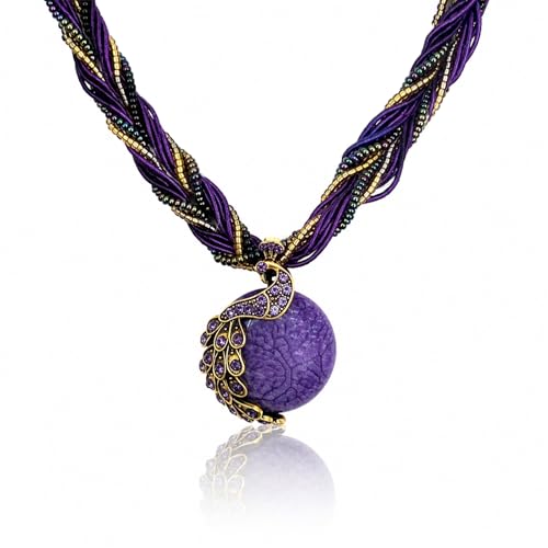 WATEFOER Collier Bohème Rétro pour Femme, Collier Pendentif Vintage en Turquoise Colliers en Malachite Bijoux Fantaisie Cadeaux pour Noël Saint-Valentin Anniversaires (Violet)