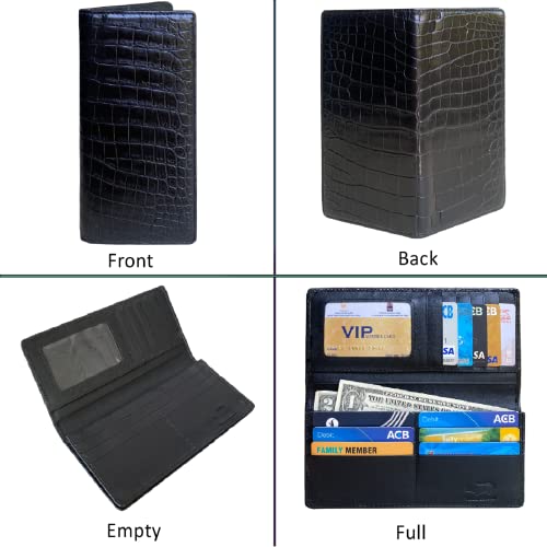 Long Wallets For Men Black Alligator Exotic Skin Wallets Rodeo Checkbook Cover Crocodile Slim Wallet RFID Blocking Multi Card Pocket Holder Extra Capacity with Smart Phone Handmade Gift LON112