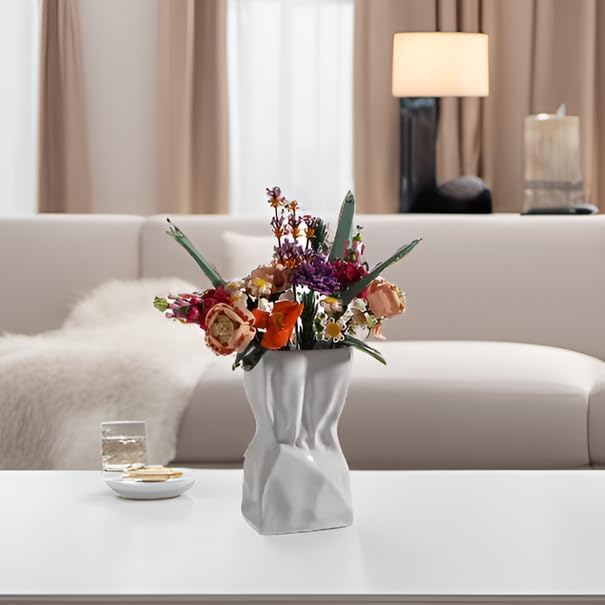 Miniatura 7 de RyddeligHome Florero de bolsa de papel arrugado de cerámica, jarrón genial para ramo de flores de Lego, florero ancho para flores, florero grande
