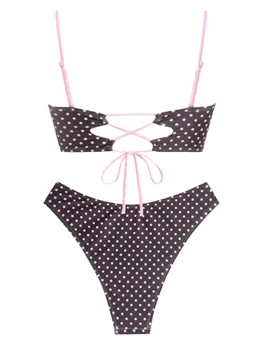 Image of ZAFUL Women Strapless Textured Bandeau Bikini 2 Piece Swimwear Cheeky Solid Lace up Bathing Suits
