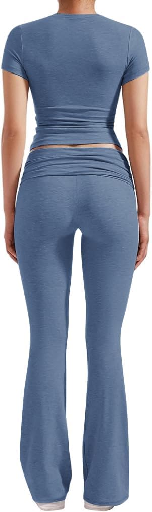 Women's 2 Piece Lounge Outfits Slim Short Sleeve Tops Low Rise Flare Leggings Sets Yoga Sweatsuit - Image 2