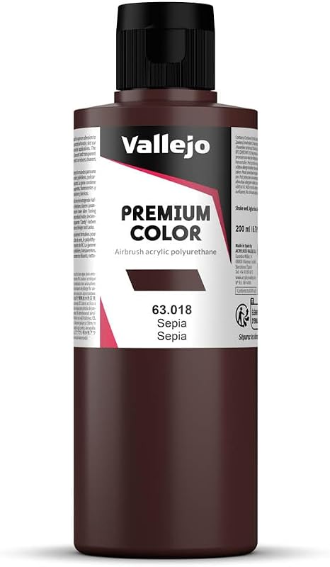 Vallejo - Color Premium Sepia 6.76 Fl.Oz. (200 ml) Acabado Mate para Aerografía, Resina Híbrida Acrílico-Poliuretano de Gran Resistencia Pintura, Uso RC, Modelismo y Hobby