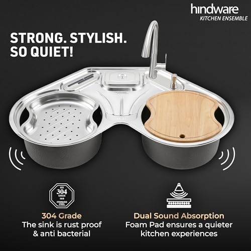 Image of Hindware Kitchen Sink 35 inchx35 inchx9 inch | 304 Grade Stainless Steel | Handmade Single Bowl Sink with Accessories includes- Soap Dispanser, Pullout Faucet, Bottle Trap Connector & Chopping Board (Octavius)