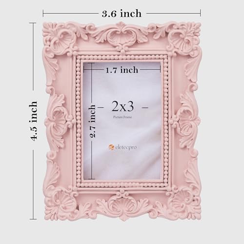 Image of eletecpro 2x3 Cute Picture Frame with Real Glass Cover, Ornate Antique Photo Frame, Display 2x3 Picture for Tabletop or Wall Hanging Horizontal & Vertical, Pink Home Decor for Bedroom, Livingroom