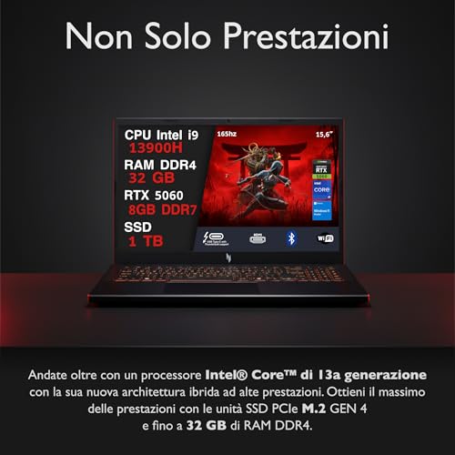 Nitro V15 Pc Gaming Portatile i9-13900h, 32GB RAM DDR4, SSD 1TB, Geforce RTX 5060 8GB Gddr7, Notebook Gaming Display 15.6 IPS FHD 165hz, Laptop Gaming, Ethernet, WiFi, Tastiera Retroilluminata - Notebook - Immagine 1