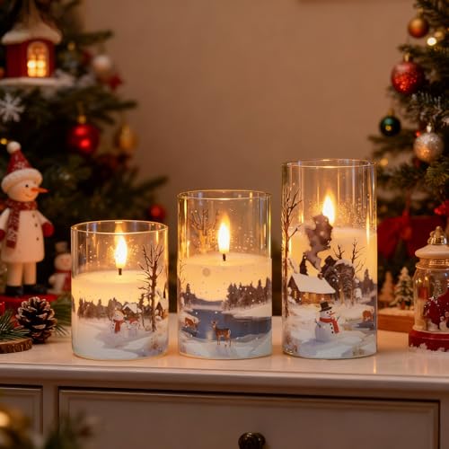 Image of Wondise Chrismtas Snowman Glass Flameless Candles with Remote Timer, Battery Operated Real Wax 3D Wick LED Flickering Pillar Candles for Christmas Decoration Thanksgiving Holiday Gift