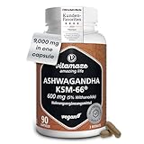Premium Ashwagandha KSM-66® 9000 mg (15:1), Organic Root Extract with 5% Withanolides, High Potency, Only 1 Capsule Daily, Vegan, No Additives