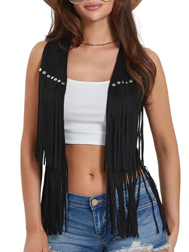 Owl's-Yard Women's Cowgirl Tassel Vest 70s Hippie Faux Suede Fringe Jacket Cardigan Open Front Sleeveless Y2k Jacket