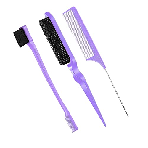 3 Pcs Slick Back Brush Bristle Hair Brush Teasing Comb Edge Hair Brush Double Sided Edges Brush Grooming Combs Sturdy Rat Tail Comb Back Combing Brushes for Women Kids Hair, Purple