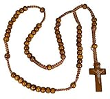 Bethlehem Gifts TM Handcrafted Wood Nazareth Catholic Cord Rosary Beads Jesus Imprint Crucifix (Light Brown)