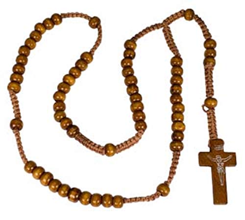 Bethlehem Gifts TM Handcrafted Wood Nazareth Catholic Cord Rosary Beads Jesus Imprint Crucifix (Light Brown)