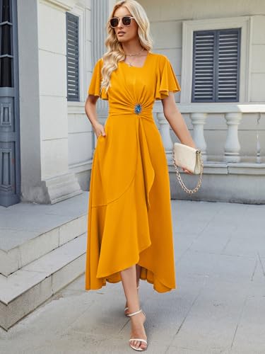 Image of QMZ Wedding Guest Dresses for Women V Neck Cocktail Dress Ruffle Sleeve A Line Evening Party Formal Dresses for Women