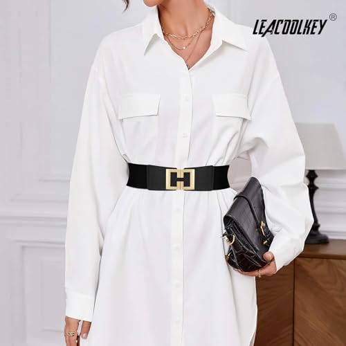 LEACOOLKEY Women's Elastic Wide Belt Gold Buckle Stretchy Waist Cinch Belt for Dresses4
