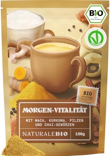 NaturaleBio Morning Vitality Blend 150 g – Superfood Pulver mit Reisprotein, Maca Pulver, Kurkuma & Pilz Mischung. Vegane Chai Mischung, Zimt & Kokosblütenzucker für Energie & Foku