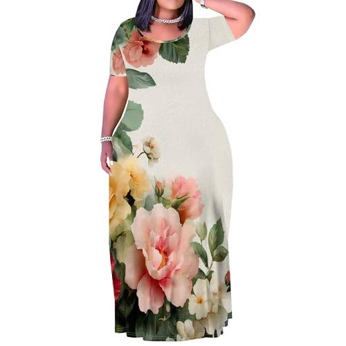 Image of PinkPatty Women's Plus Size Maxi Dresses Short Sleeve Sundress Summer T-Shirt Beach Long Dress with Pockets