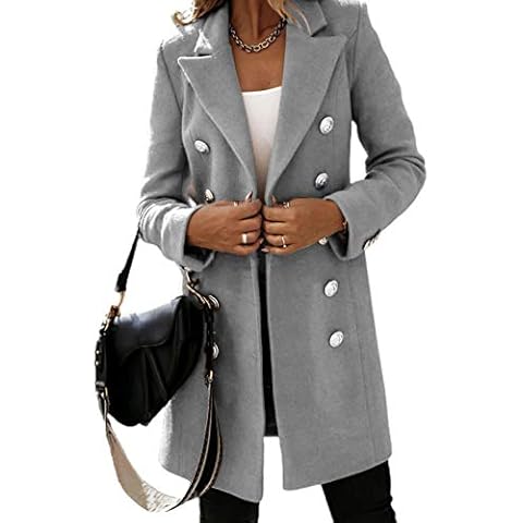 Womens Autumn Winter Coat, Winter Women Lapel Trench Coat Long Sleeve Button Mid-length Jacket Outerwear - Grey L Cover