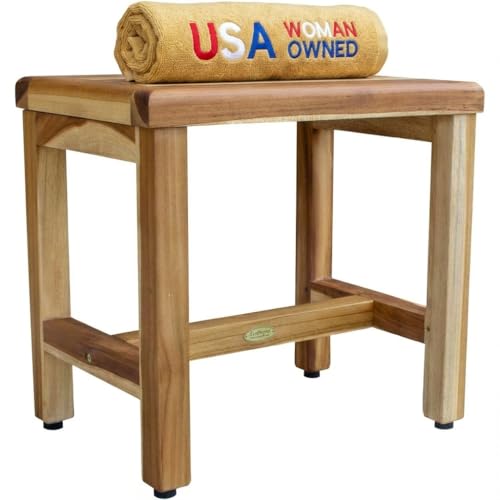 EcoDecors 18 Inch Natural Teak Waterproof Teak Wood Shower Bench Stool Seat Chair For Inside Shower Provides Safety, Storage, and Organization For Bathroom Accessories