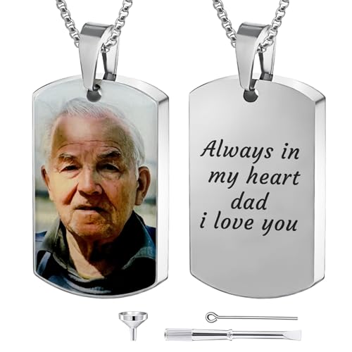 Funnylife Personalized Ashes Necklace for Men Women Pet Custom Photo Text Stainless Steel Memorial Cremation Jewelry Keepsake Memorial Gifts