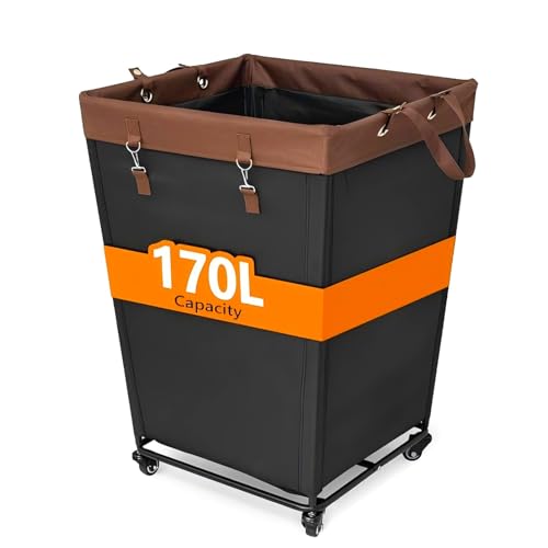 170L Laundry Basket with Wheels, Large Rolling Hampers for Clothing Organizer, Dirty Clothes Hamper with Removable Liner, Steel Frame, Black