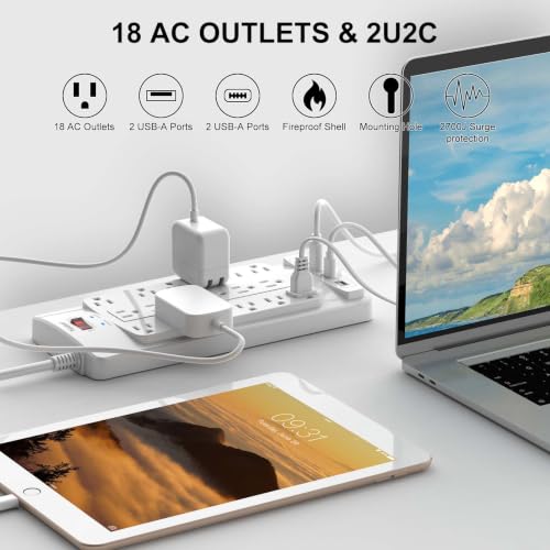 Image of 18 Outlets Surge Protector Power Strip - Teiobar 6 Feet Flat Plug Heavy Duty Extension Cord with 18 Widely Outlets and 4 USB Ports, 2100 Joules, White, ETL Listed