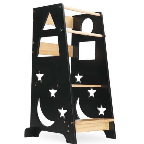 Bonnlo Learning Tower Adjustable Height, Toddler Standing Tower, Montessori Kitchen Helper 40x45x90cm, 3 Levels Adjustable Kids Learning Stool (Black)