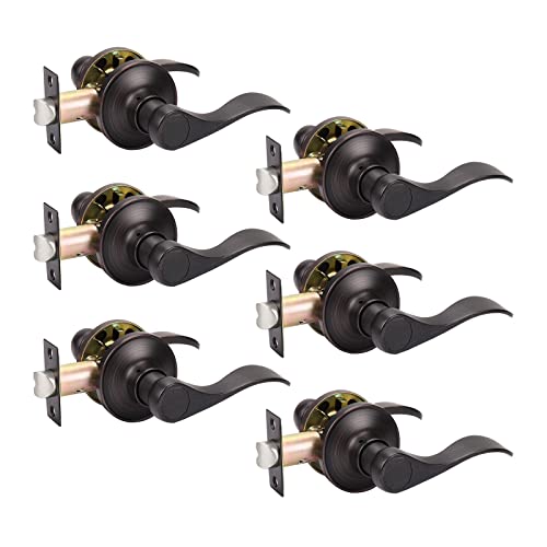 KNOBWELL 6 Pack Oil Rubbed Bronze Finish Keyless Interior Door Handle, Classic Passage Door Lever for Hallway Closet, Non-Locking Wave Style Doorknobs with Universal Handle