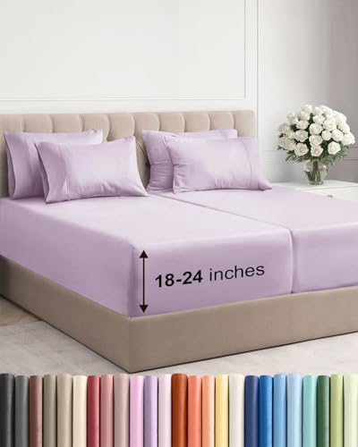 Image of Extra Deep Split King Sheet Set - 7 Piece Cooling Sheets - Light Lavender | Hotel Luxury Bed Sheets Set, Easy & Secure Fit, Ultra-Soft, Wrinkle & Fade Free, Comfy Sheets Set with Extra Deep Pockets