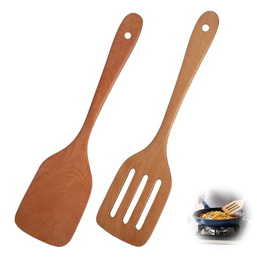 Juego de 2 espátulas de madera de teca natural con mango largo y espátula ranurada hecha a mano Hechas a Mano, Resistentes al Calor, Antibacterianas, Ideales para Sartenes Antiadherentes