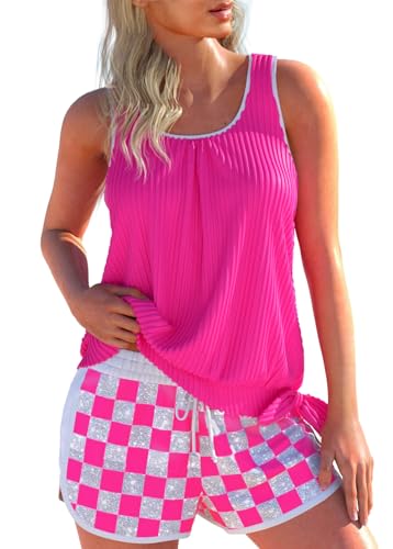 Image of ROSEWE Modest Tankini Swimsuits for Women, Two Piece Athletic Womens Bathing Suits Blouson Tank Tops with Board Shorts