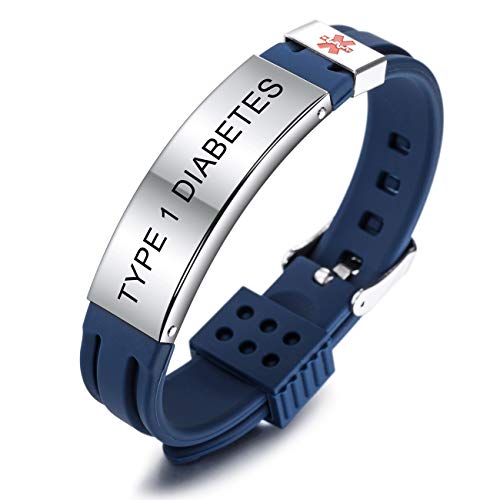 MOWOM Medical Pulsera Personalizada de Silicona grabada ID de identificación de Alerta Ajustable para Hombres, Mujeres, niños, Caucho de Acero Inoxidable (Azul Type 1 Diabetes) Cover