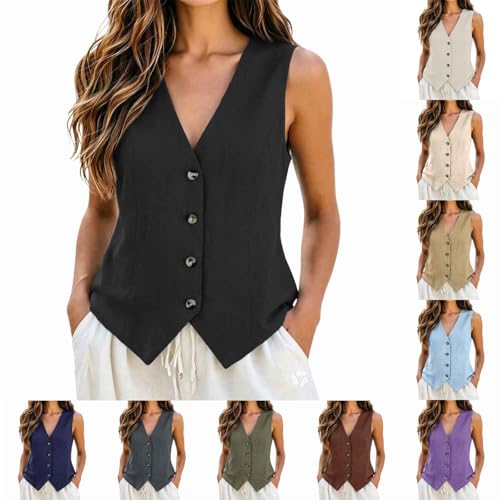 Sfascumop Linen Vest Tops For Women Vest Tops For Women Cotton Linen Button Down Sleeveless Shirts 2026 Summer Business Casual Fashion Tank Vests Top Black Large