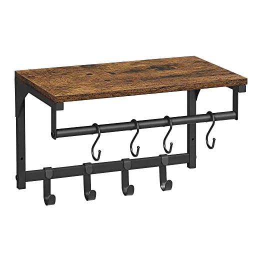 VASAGLE - Perchero de pared, mueble de entrada, vestuario, con 8 ganchos y estante, para salón, pasillo, dormitorio, 40 x 24 x 24 cm, marrón rústico y negro LCR103B01