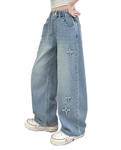 Viatabuna Kids Girls Star Patch Jeans Elastic High Waist Loose Light Wash Wide Leg Denim Pants Cute Baggy Trousers4