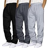 3 Pack Mens Straight Leg Sweat Pants with Pockets Baggy Men Plain Jogging Bottoms Joggers Fleece Pants Gym Sports Trousers Mens Open Hem Jog Pant Drawstring SweatPants Bottoms Loose Fit Work (L)