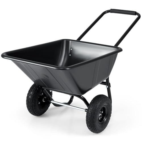 Image of Goplus 2 Wheel Wheelbarrow, 330 LBS Utility Garden Cart with 10 inch Pneumatic Tires & Handle, 21 Gal Volume, Yard Dump Cart Wheel Barrow, Heavy Duty Wheel Barrow for Lawn (Black Handle+Black Cart)