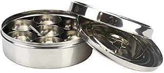 Authentic Indian Spice Tin Stainless Steel Masala Dabba Curry Cooking Spice Tiffin Tin Box Kitchen Masala Container 7 Compartments Storage Box Set (17cm)