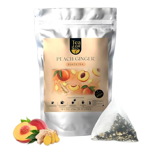 Image of Tealeaf & Co. Peach Ginger Tea Blended with Organic Spices - Organic Black Tea Bags with Ginger & Peach Flavor - Flavored Blend with Low Caffeine - Gluten Free - 50 Teabags