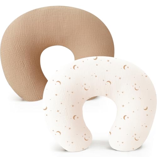 Image of Konssy Muslin Nursing Pillow Covers, Soft and Cute Nursing Covers for Breastfeeding Pillows, Ideal for Newborn Baby Boys and Girls (Camel, Moon) - 2 Pack