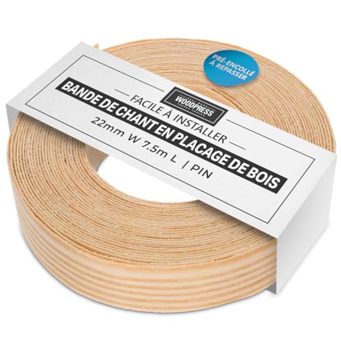 WoodPress® 22 mm Bois de Pin Véritable Bande de Chant en Placage Préencollé – Rouleau de 7,5 m – Application à Repasser facile à faire soi-même, couvre le bord d'un panneau MDF standard