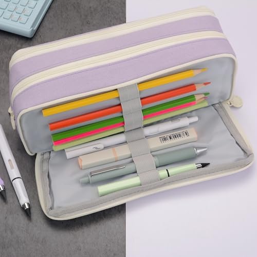 Image of Large Capacity Special Aesthetic Pencil Case Organizer with 3 Compartments, Big Preppy School Pencil Pouch Bag for Girls Women Adults, Pencil Holder Pen Pouch Cases (Purple 2)