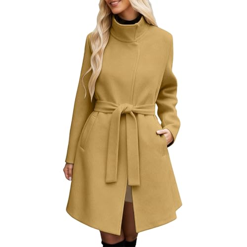 Generisch Abrigo de lana para mujer, largo y cálido, abrigo de invierno, línea A, elegante, entallado, chaqueta de invierno, clásico, cuello alto, trinchera, suave, cortavientos, chaqueta de invierno