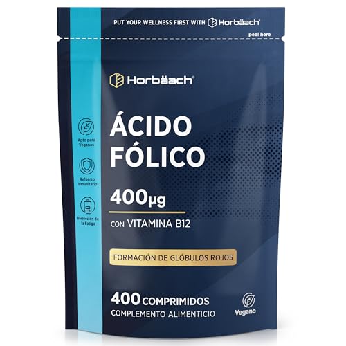 Ácido Fólico 400 mcg | 13 Meses de Suministro - 400 Comprimidos Veganos | Vitamina B9 + Vitamina B12 | Horbaach