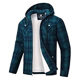 MoFiz Hombre Chaqueta Camisa de Franela Algodón a Cuadros Forrada Invierno Ropa de Abrigo Manga Larga con Capucha y Cinco Bolsillos Verde Azul EU XXL