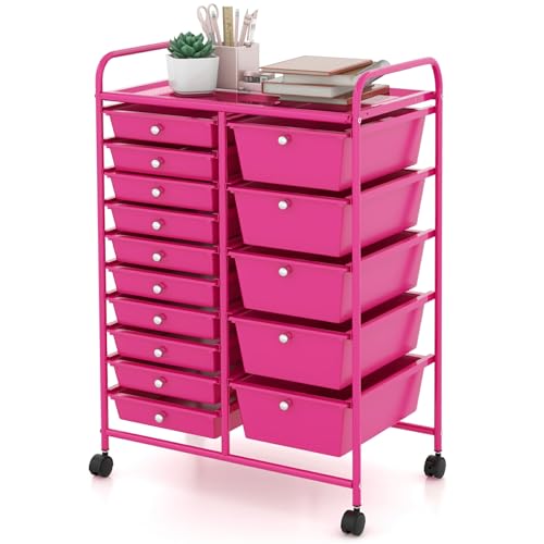 Moccha 15-Drawer Rolling Storage Cart - Under Desk Storage Drawers with wheels for Craft Art Supply Paper Salon, Scrapbook Paper Tools, Mobile Utility Cart for Classroom (15 Drawers, Hot Pink)