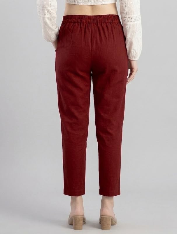 Image of Solid Cotton Woman Trousers Pants Regular Fit Kurti Pant with Drawstring Daily Office Formal Casual Use