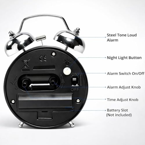 Image of Vintage Classic Twin Bell Table Top Alarm Clock, Silver, with LED Night Light Display, for Bedroom, Adults, Kids and Students