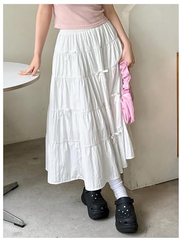 WDIRARA Women's Bow Elastic Waist Flowy Flared Ruffle Long Skirt Boho A-Line Skirts4