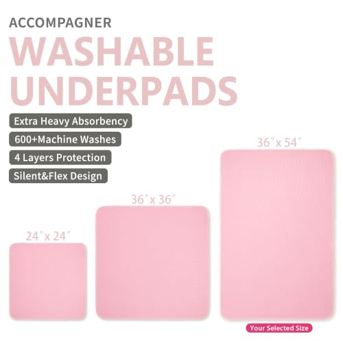 Image of Accompagner Incontinence Bed Pads Washable Waterproof Underpads 36 inchx54 inch 2pc | 4-Layer Heavy-Absorbency Reusable Pee Pads for Adults, Kids, Elderly, Dogs, Bedridden, Bedwetting, Nursing, Sofa (Pink)